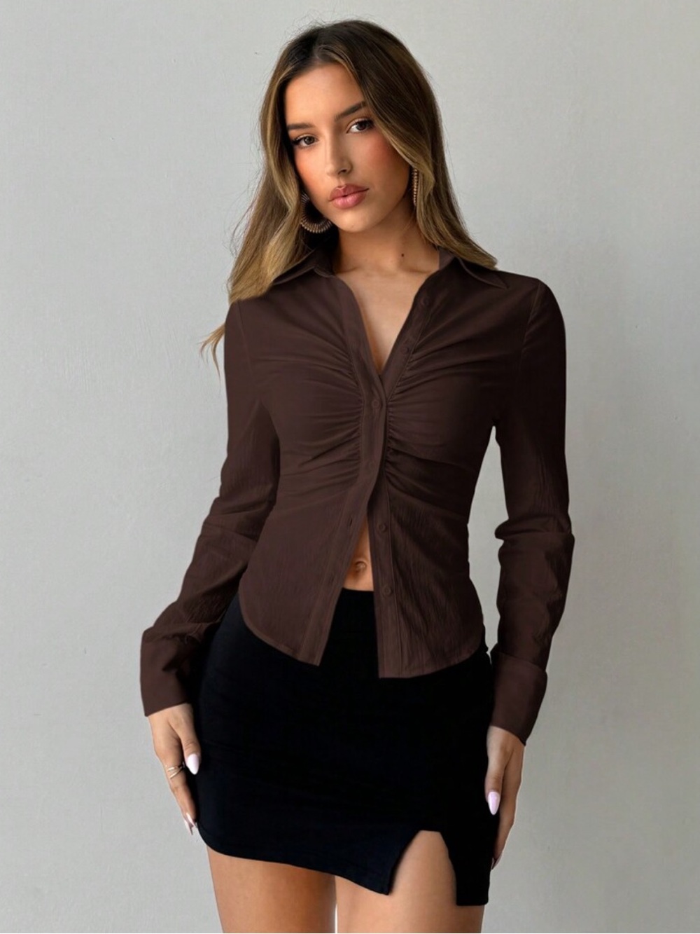 Aloruh Women's Autumn Dark Brown Seksi Chic Night Out Long Sleeve Blouse,Office